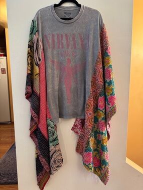 NIRVANA Band Tee with added Kantha Sleeves. Handmade size inclusive poncho style
